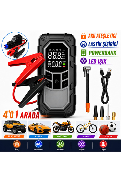 4'ü 1 Arada Akü Takviye Cihazı 8000 mAh Batarya 150 PSI Lastik Şişirme Hava Kompresörü, Powerbank ve LED Acil Durum Işığı