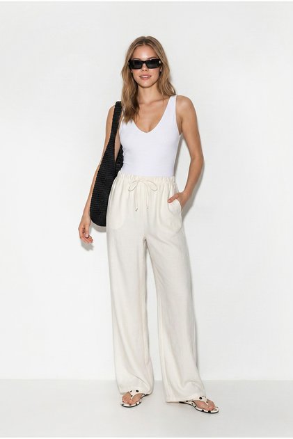 Women's White Ayrobin Fabric Elastic Waist Tie Pocket Wide Leg Pants 2306 60286389