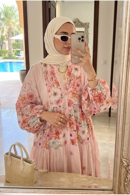 Women's Luxurious Floral Patterned Layered Hijab Dress – Elegant and Spacious Summer Style (Unlined)
