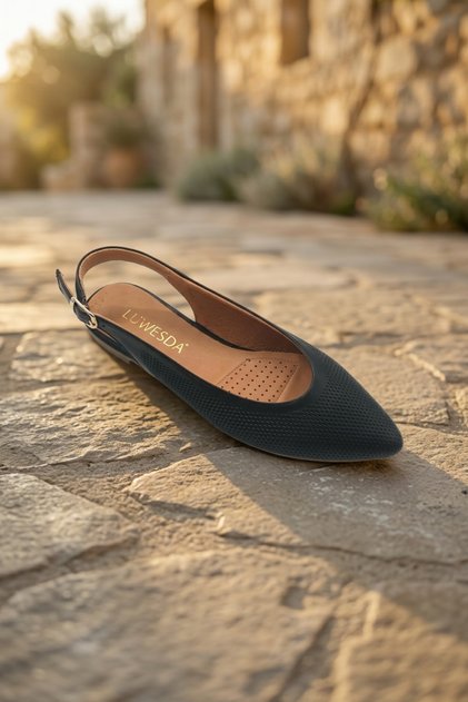 %100 Hakiki Deri Fileli Sivri Burun Slingback Kadın Babet