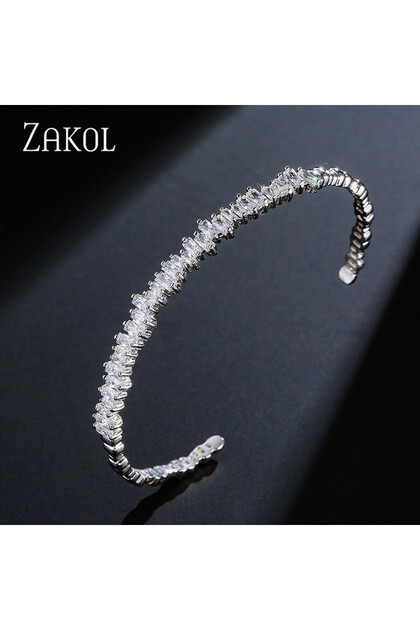 White ZAKOL Fashion Cubic Zirconia Cuff Bangles for Women Trendy Baguette Men Open Bracelet Party Je