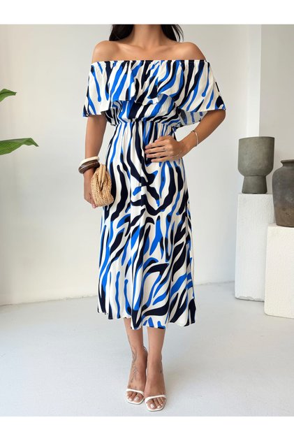 Women's off-the-shoulder madonna neckline ruffled midi print summer dress