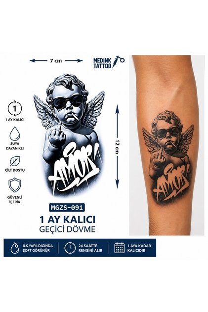 1 Ay Kalıcı 24 Saat Sonra Kararan Gangstar Amor Yazılı Mınımal Model Geçici Dövme Tattoo