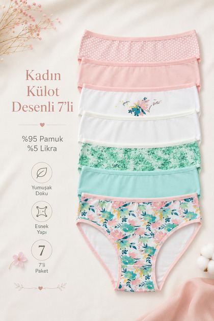 Chiloți de damă, pachet de 7, Lycra, bumbac, mix de culori