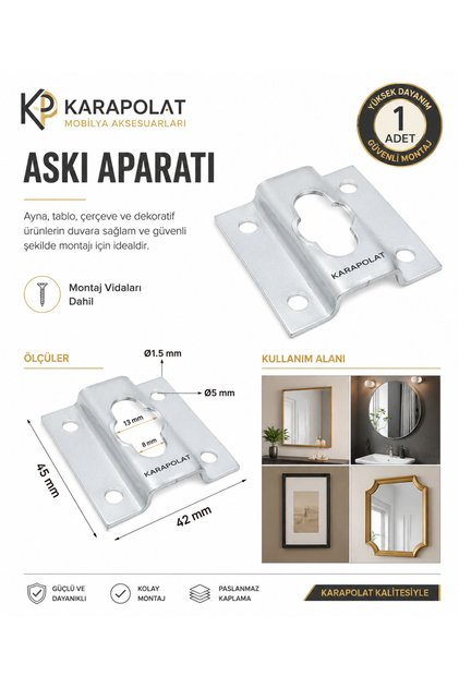 Askı Aparatı 1 Adet | Ayna Tablo Çerçeve Duvar Askı Montaj Aparatı Metal Gizli Askı Braketi 42x45 mm