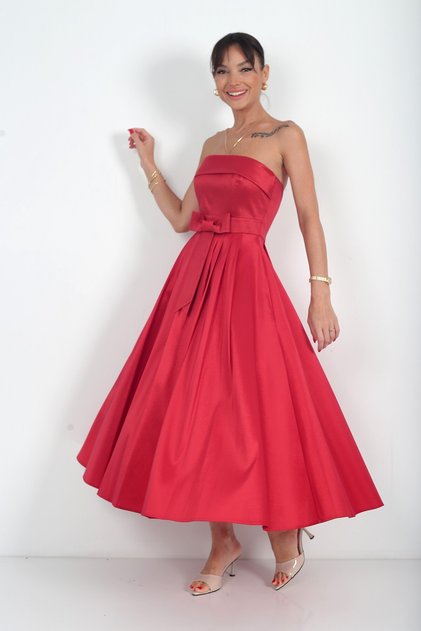 Women's Strapless Lined Pleated Midi Satin Dress with Ribbon Detail on the Front and Pockets