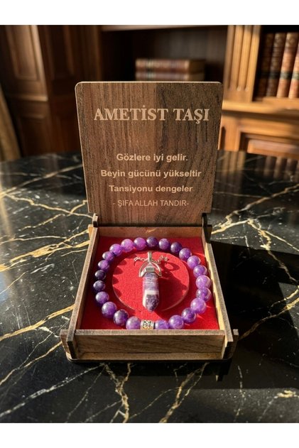 Amethyst Stone Natural Gemstone Wooden Boxed Necklace and Bracelet Set