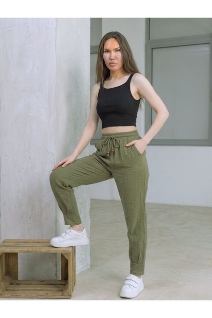 Women's Khaki Muslin Cotton Pleated Trousers