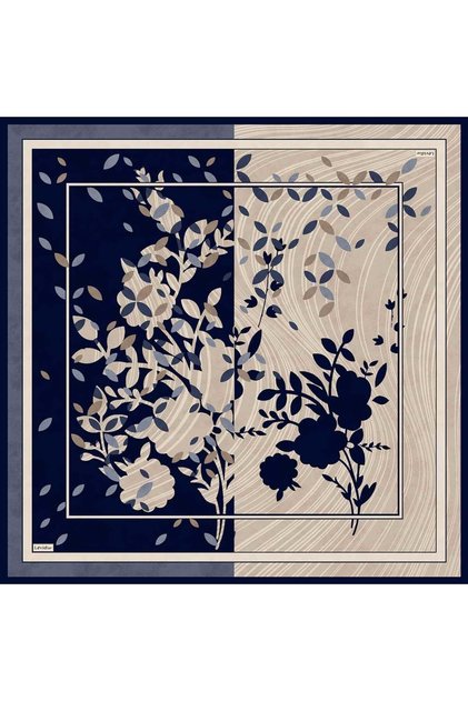 Lacivert Yaprak Döküm Desenli Twill İpek Eşarp