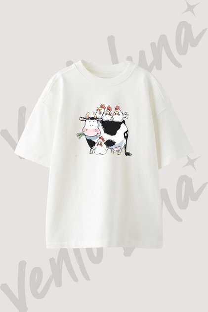Inek Tavuk Tasarım Baskılı Unisex Oversize Kalıp Beyaz Tshirt
