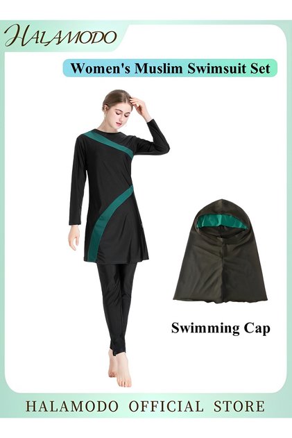 Muslim Swimsuits for Women Rash Guard Swimwear Top Pants with Hijab/Cap,Long Sleeve Islamic Burkini Modest Beachwear, Full Coverage Swimming Set