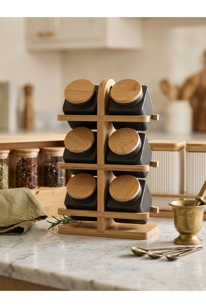 منظم بهارات وتوابل مودرن باللون الأسود الملكي وأغطية خشبية