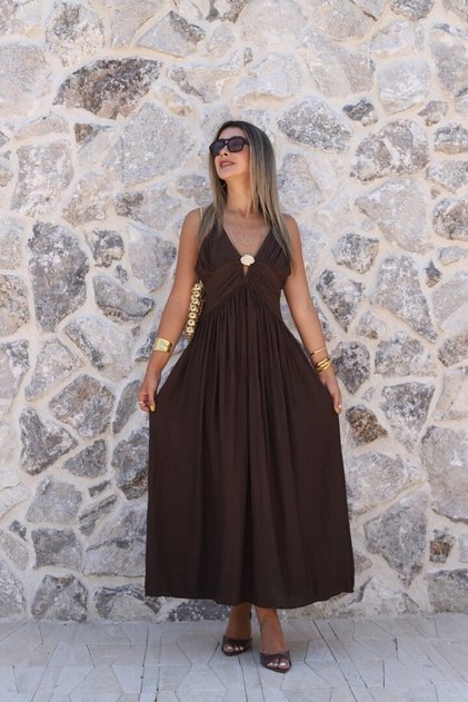 Coffee-Colored Buckle Detailed Dress with Drawstring Detail