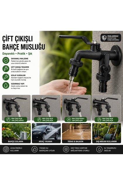 SİYAH BAHÇE BALKON ÇEŞMESİ 2 BAŞLI MUSLUK HORTUM BAĞLANTI BAHÇE ÇEŞMESİ