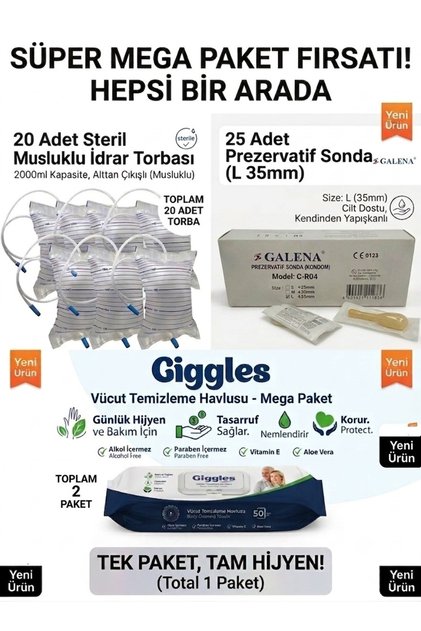 Galena Prezervatif Sonda L 35mm (25 Adet) + Steril Musluklu İdrar Torbası (20 Adet) + 2 Paket Giggles Vücut Temizleme Havlusu Ultra Paket