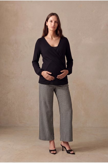 Maternity Black Viscose Double-Breasted V-Neck Long Sleeve Blouse with Inner Undershirt and Breastfeeding Feature Angel