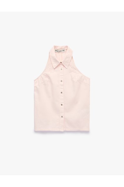 Cotton Buttoned Sleeveless Shirt with Lace Detail