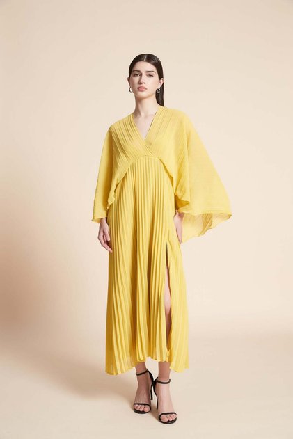 Long-sleeve plain ruffled midi dress