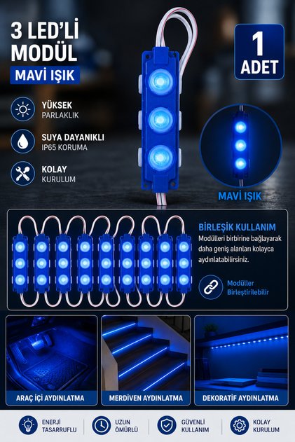 3 Çipli Ayak Altı LED Modül Seti 12V Araç İçi Ambiyans Aydınlatma Su Geçirmez 1 adet Parmak