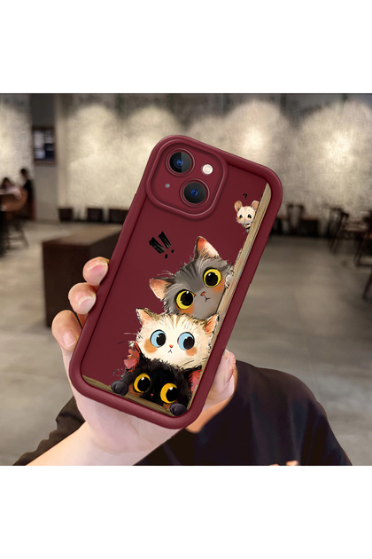 iPhone 15 Compatible Case Camera Protector Burgundy Silicone Couple Phone Case Cat Pattern