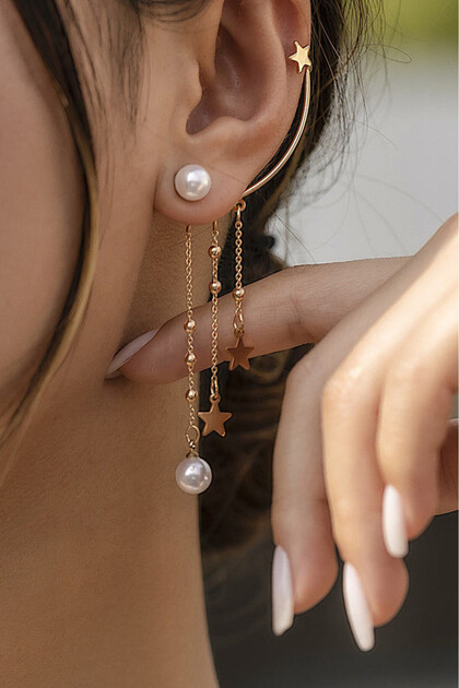 Cercel ear cuff cu lantisoare, bilute, stelute si perlute