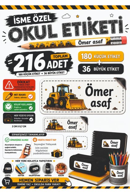 İş makinaları inşaat temalı isim yazılabilen okul etiket stickeri kalem defter etiketi isimli etiket
