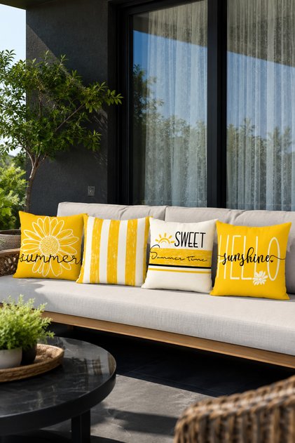 Yellow Sun Stripes Themed Set of 4 Decorative Throw Pillow Covers