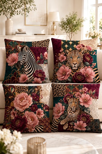 African Flowers and Leopard Print 4-Piece Throw Pillow Cover Set