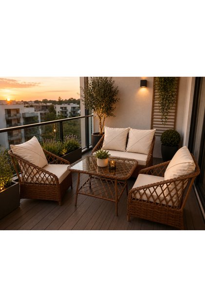 Omit Pazar Rattan Bahçe Balkon Oturma Takımı 2+1+1 Kahverengi – Cam Sehpalı, Modern Balkon ve Teras Mobilyası