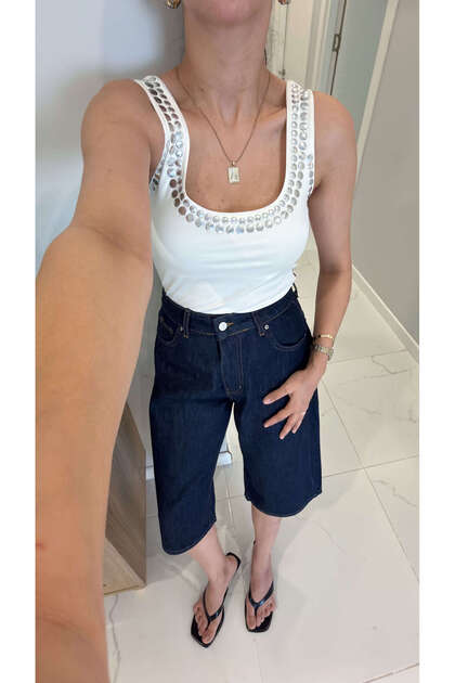 Volena Ecru U-Neck Stone-Embellished Blouse