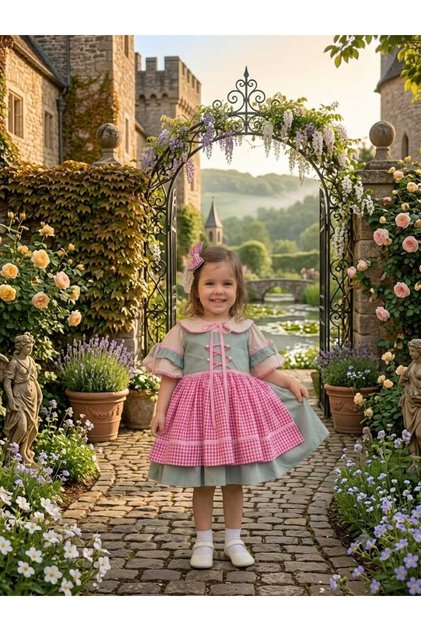 Baby Girl Pink Plaid Blue Retro Model Timeless Design Dress + Buckle (100% Cotton)
