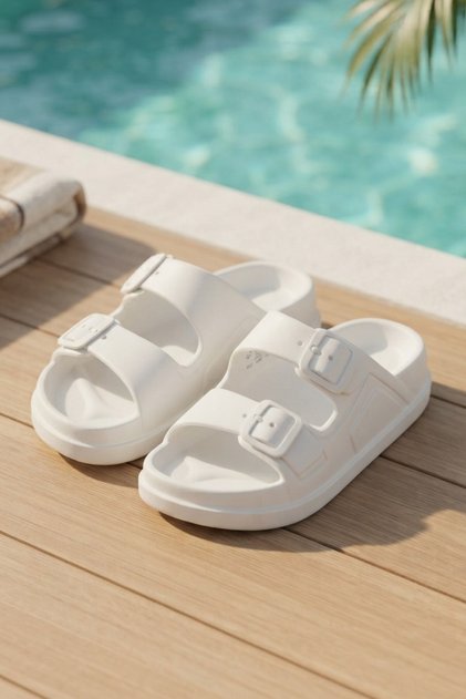 Comfortable Buckle Detailed Women's Beach and Pool Slippers Ecru