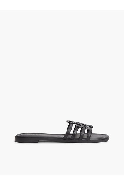TH Kadın Script Flat Mule Deri Sandalet