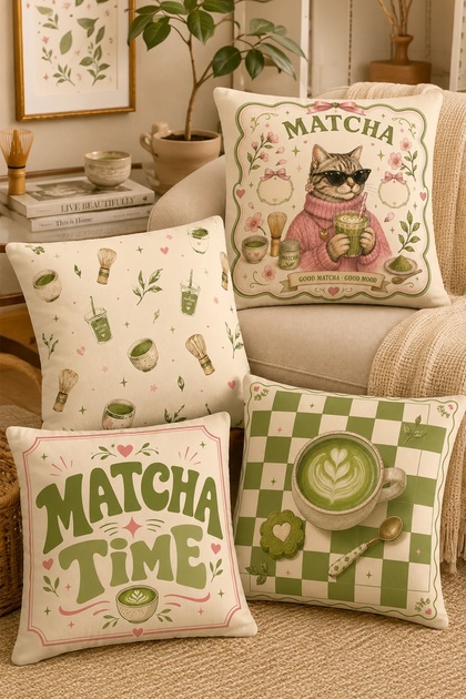 Set of 4 Pillow Covers with Cat Drinking Matcha Pattern