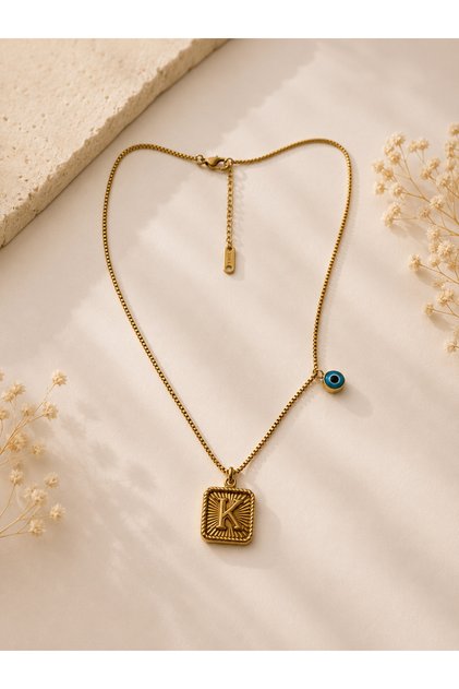 Letter K Evil Eye Beaded Gold Color Vintage Plate Women's Necklace