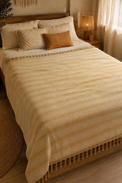 Shadow Pattern | Double Bedspread Pique Fringe Tied Bohemian Bedspread 1 Piece Modern, Washable, Decorative Double Bed Cover Mustard Yellow