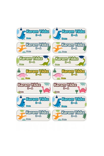 14 Pieces of Shiny Artistic Dinosaur Design School Labels - A4 Stickers with Names Written and Subjects, Cut-Out Design