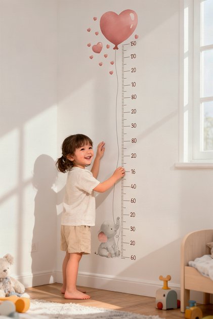 Sevimli Fil Boy Cetveli Çocuk Odası Duvar Sticker Seti, Cam Sticker