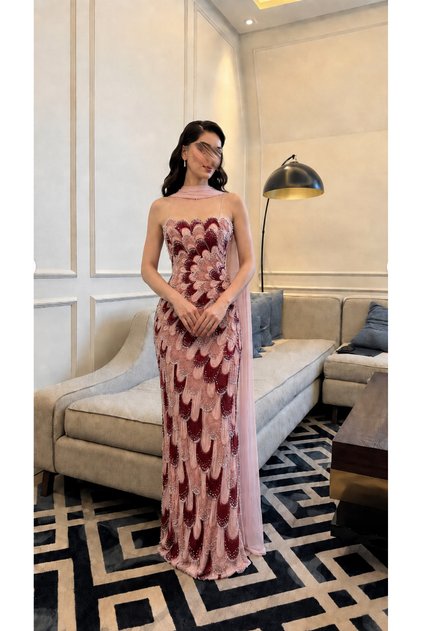 Long Evening Dress Beaded Crystal Embroidered Evening Gown with Chiffon Shawl