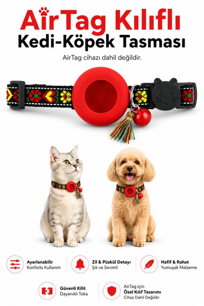 AirTag Uyumlu Kedi Köpek Tasması Ayarlanabilir Etnik Bohem Desenli Boyun Tasması Zilli ve Püsküllü