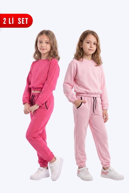 2-Piece Round Neck, Elastic Waist, Cropped Cut, 4-Piece Girls' Top and Bottom Tracksuit Set