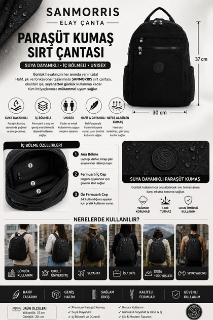 Parachute Fabric Unisex Backpack Water Resistant Casual School Travel and Laptop Backpack