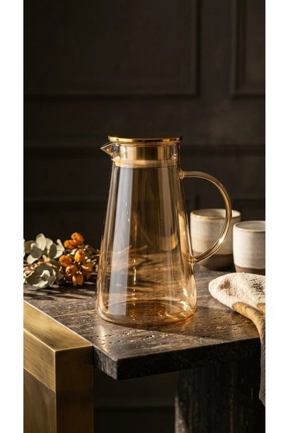 Premium Borosilikat Cam Gold Sürahi 1.9 L | Isıya Dayanıklı Çay & Detoks Sürahisi