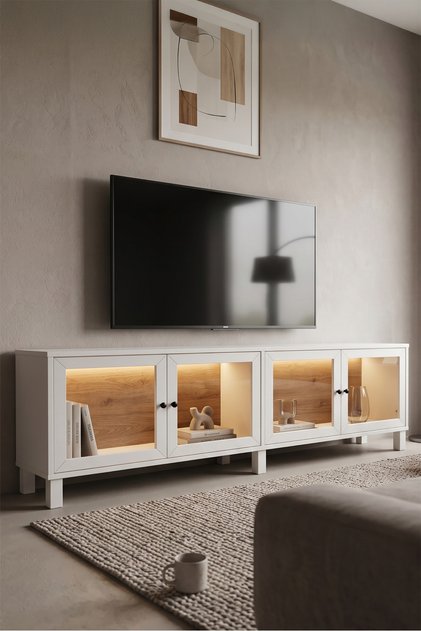 Yoda Temperli Cam Kapaklı Neon Led Işıklı Tv Ünitesi Tv Sehpası Vitrin Ahşap Ayaklı Sepet-Beyaz YD14-SW