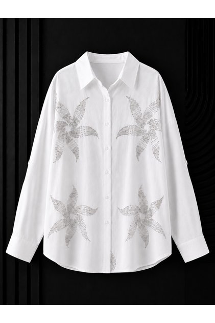 White Bead Embroidered Oversize Loose Cotton Viscose Shirt