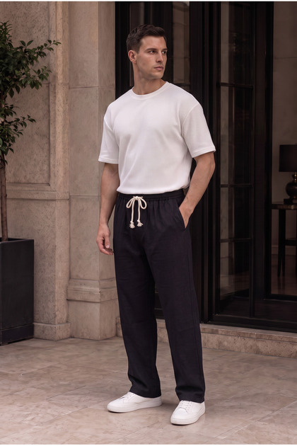 Men's Black Muslin Look Baggy Trousers Loose Fit Comfortable Casual Trousers
