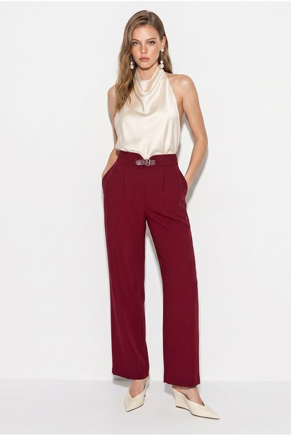 Women's Burgundy Buckle High Waist Pleated Detailed Straight Leg Fabric Trousers 60286452