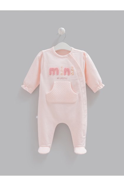 Baby Girl Romper with Mini Lettering, Quilted Pockets, Cotton Long Sleeves and Booties