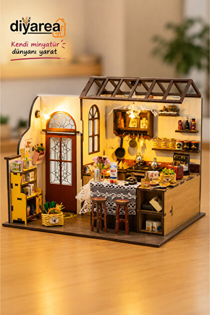 Evimizin Mutfağı LED Işıklı Minyatür Maket Kiti – 3D Puzzle Ahşap Kendin Yap Mutfak Hobi Seti