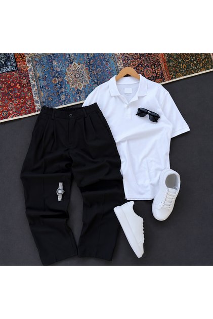 Men's Polo Paka (T-Shirt + Trousers) Comfortable Fit Button Detailed 2-Piece Top and Bottom Set